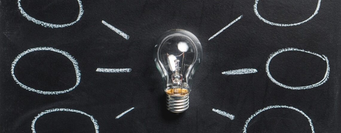 Photo of a clear light bulb on a black chalk board with idea bubbles
