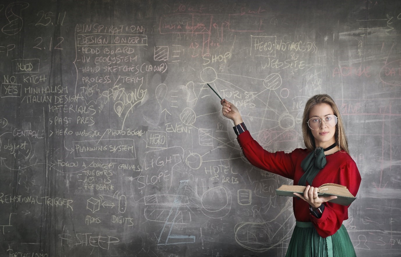 Teacher holding a book and point at a blackboard.